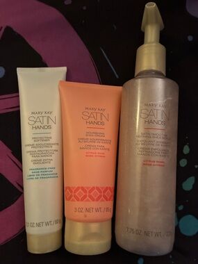 Mary Kay Satin Hands Trio in Peach, Off-White, and Shimmery Pink